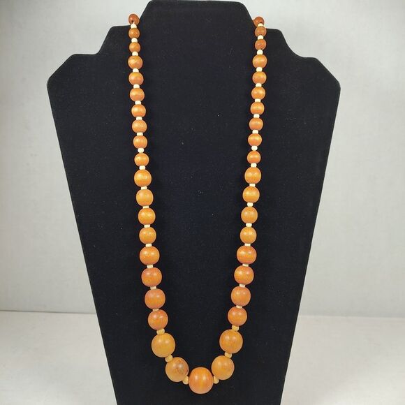 Natural Wood & Plastic Beaded Necklace SIlver Tone Metal 24" Graduated Bohemian - Picture 2 of 9